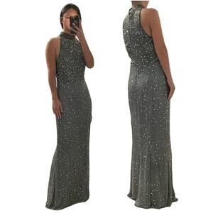 Ricci Wear Halter Neck Sequin Embellished Evening Gown Gray Silver Size M